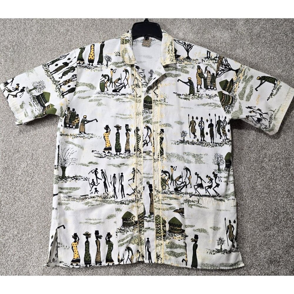 IMAGE Vtg Boho Tribal Button Up Shirt Men's XL Embroidery Trim All Over Print